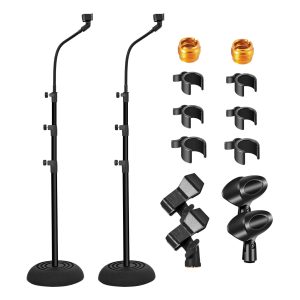 5 Core Mic Stand Floor Height Adjustable Universal Heavy Duty Detachable Gooseneck Microphone Stands 2Pcs Round Base Soporte De micrófono for Studio Singing Church On Stage - MS RBP 3T GSE 2PCS