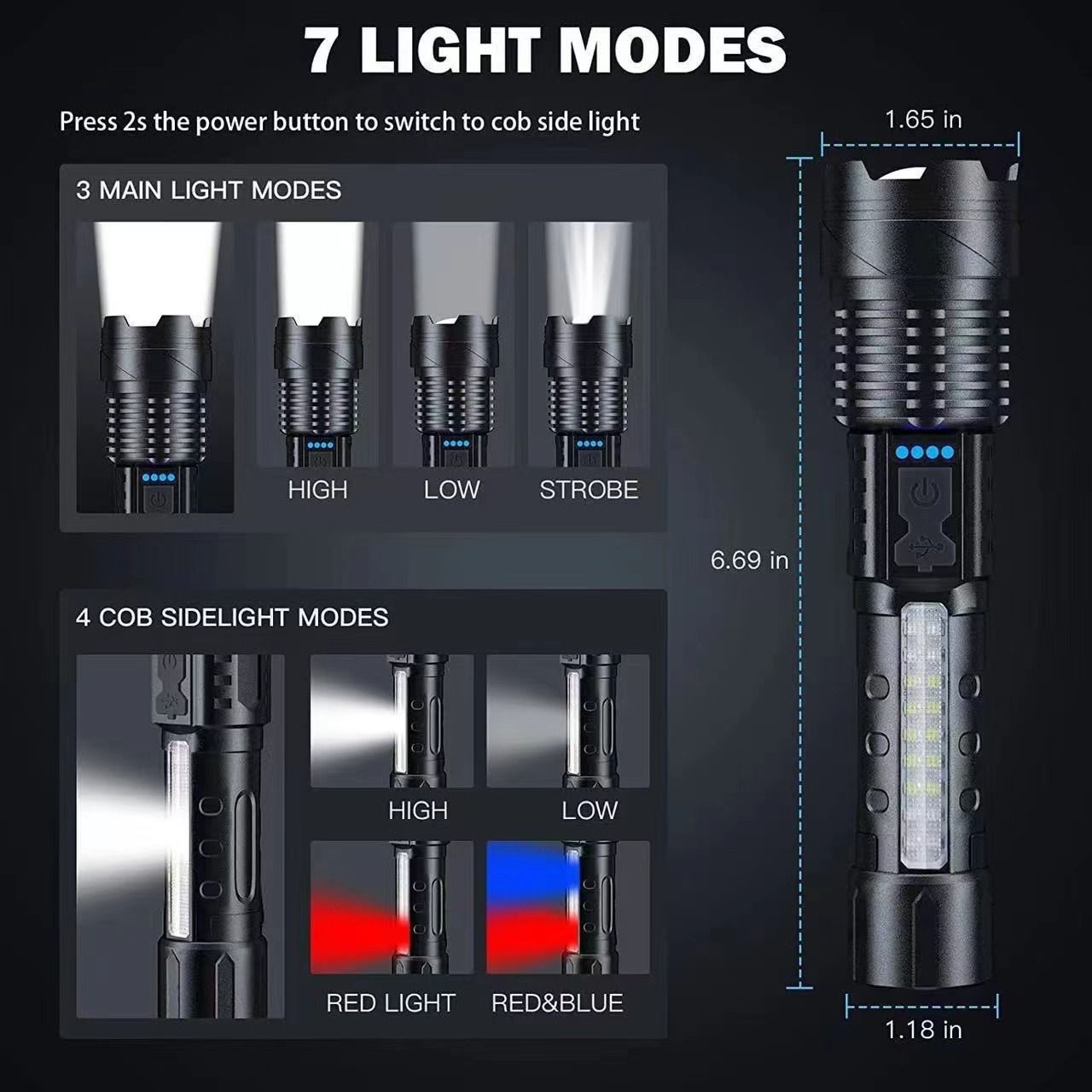 Tactical Flashlight - Military-Grade Aluminum Alloy & ABS, Zoomable Beam with 5 Modes for Camping, Hiking & Emergency Use - Image 4