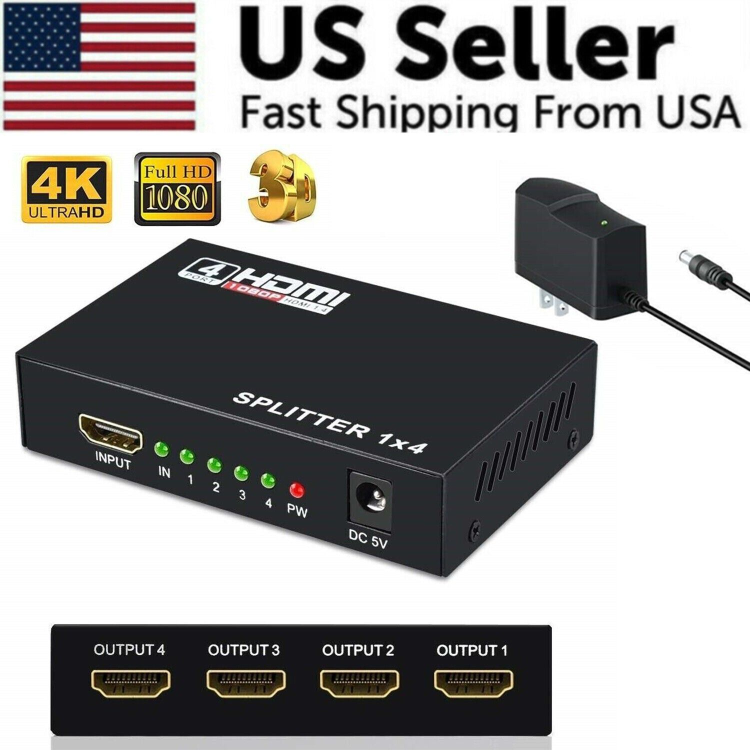 4 Port HDMI 4K Hub Multi Splitter & Amplifier For 3D HDTV 1080P 1X4 1 In 4 Out