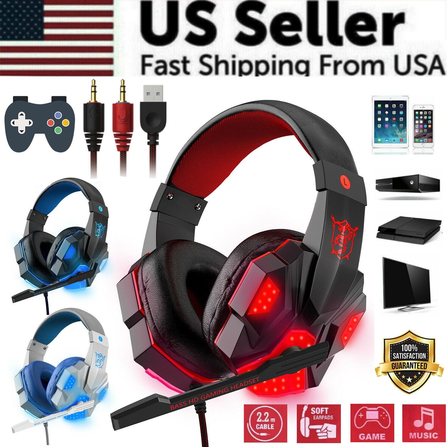 3.5mm Gaming Headset Mic LED Headphones Stereo Bass Surround For PC PS4 Xbox One - Image 2