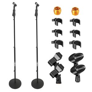 5 Core Universal Microphone Stand 2Pcs Floor Height Adjustable 35 to 57" Round Base Quick Setting Lock-Tight Knob w 5/8 Thread Adapter 2 Mics Holder 3 Wire Clip included - MS RBL HND CLCH 2PCS