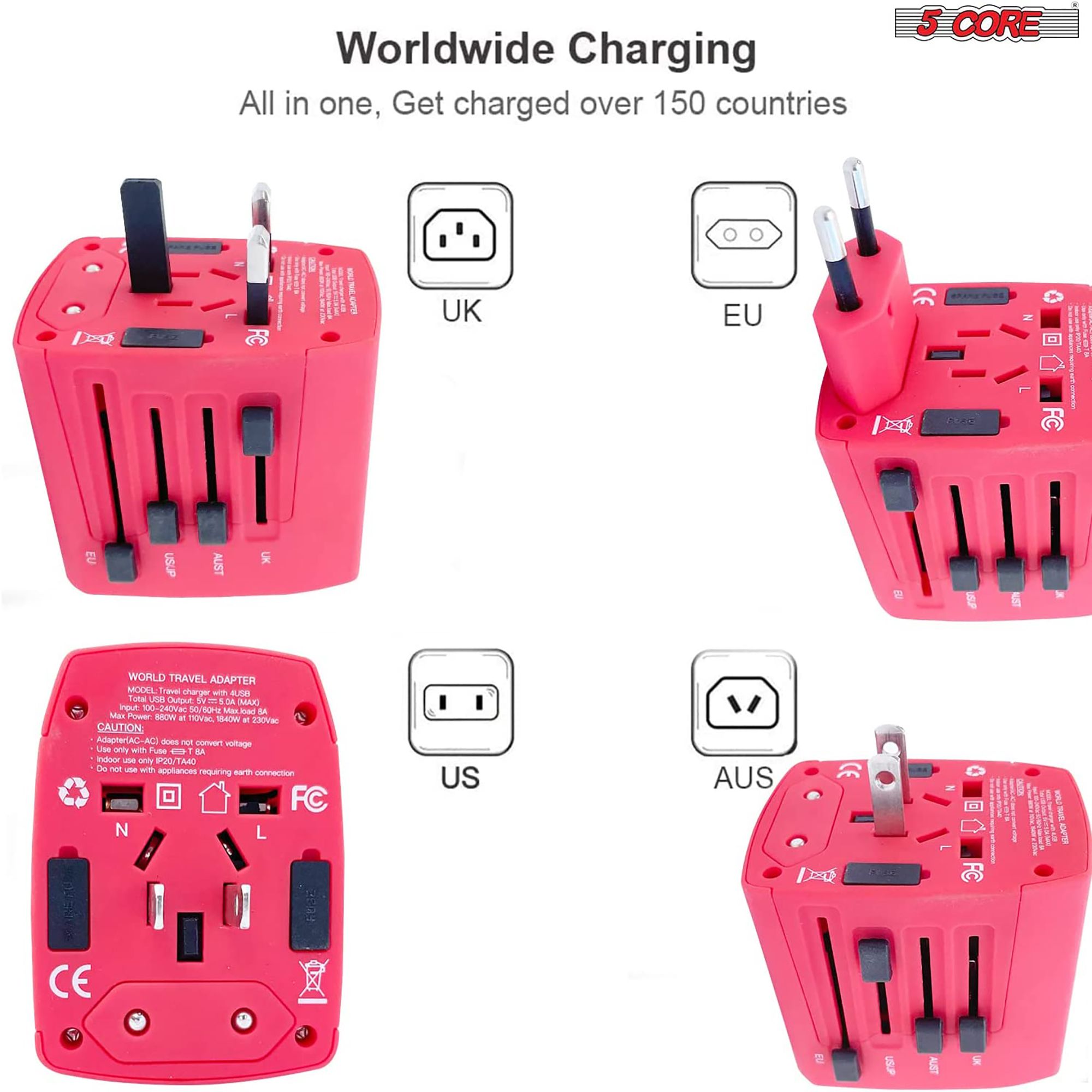 5Core Universal Travel Adapter International Power Plug Adaptor Worldwide Outlet 4 USB Ports Red - Image 3
