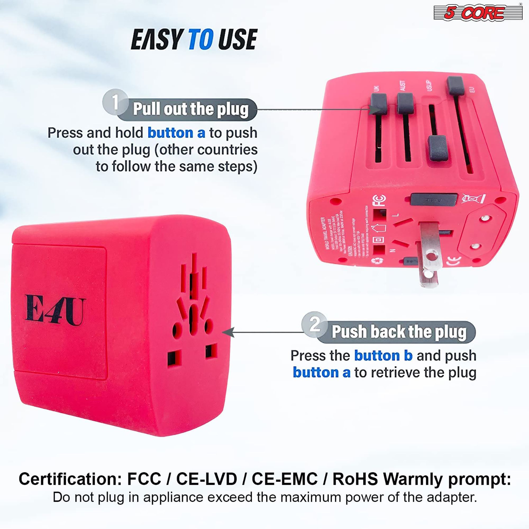 5Core Universal Travel Adapter International Power Plug Adaptor Worldwide Outlet 4 USB Ports Red - Image 4