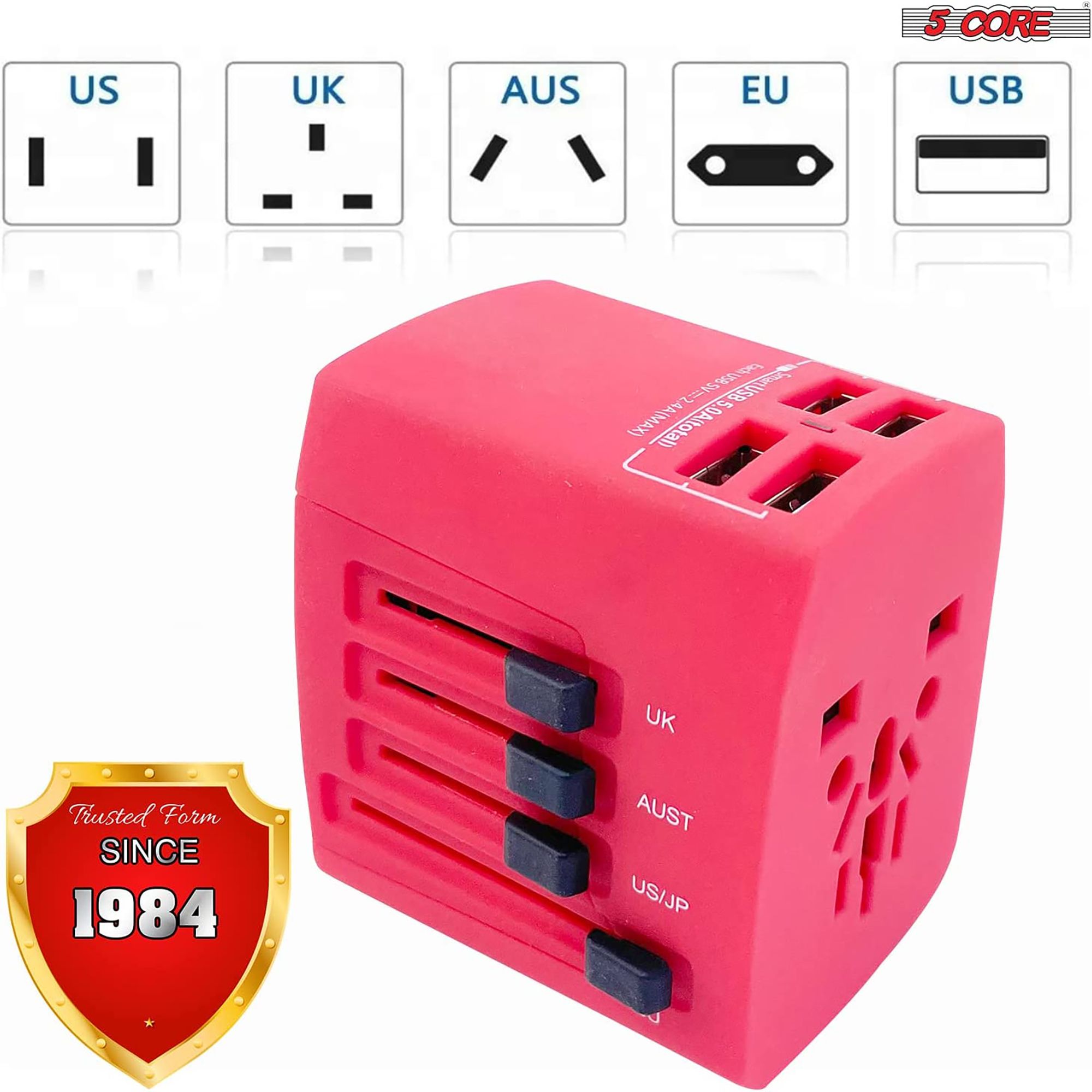5Core Universal Travel Adapter International Power Plug Adaptor Worldwide Outlet 4 USB Ports Red - Image 5