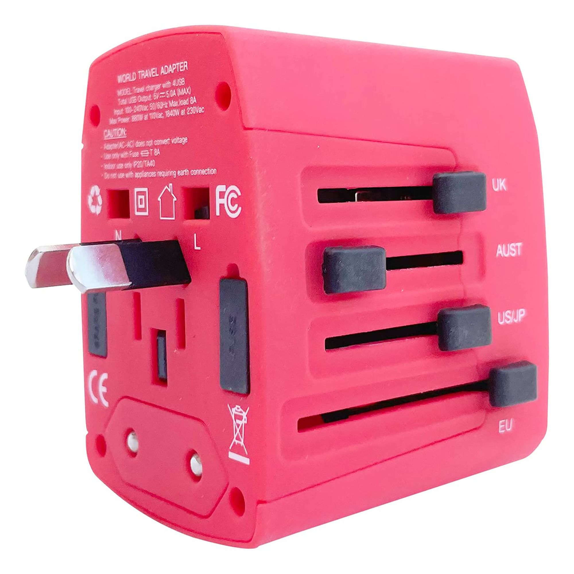5Core Universal Travel Adapter International Power Plug Adaptor Worldwide Outlet 4 USB Ports Red