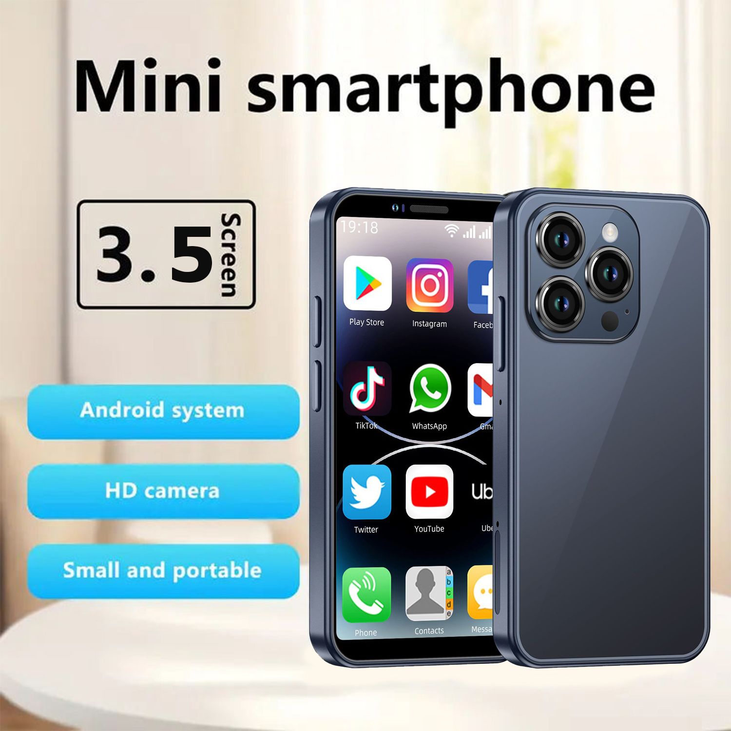 Mini Phone, 3.5" HD Touch Screen Mini Smartphone, Unlocked Android Compact Mobile Phone for Kids &Students, Cell Phone Wih Quad-Core Dual SLM, Face LD, 3GB+64GB, Best Creative Holiday Gifts