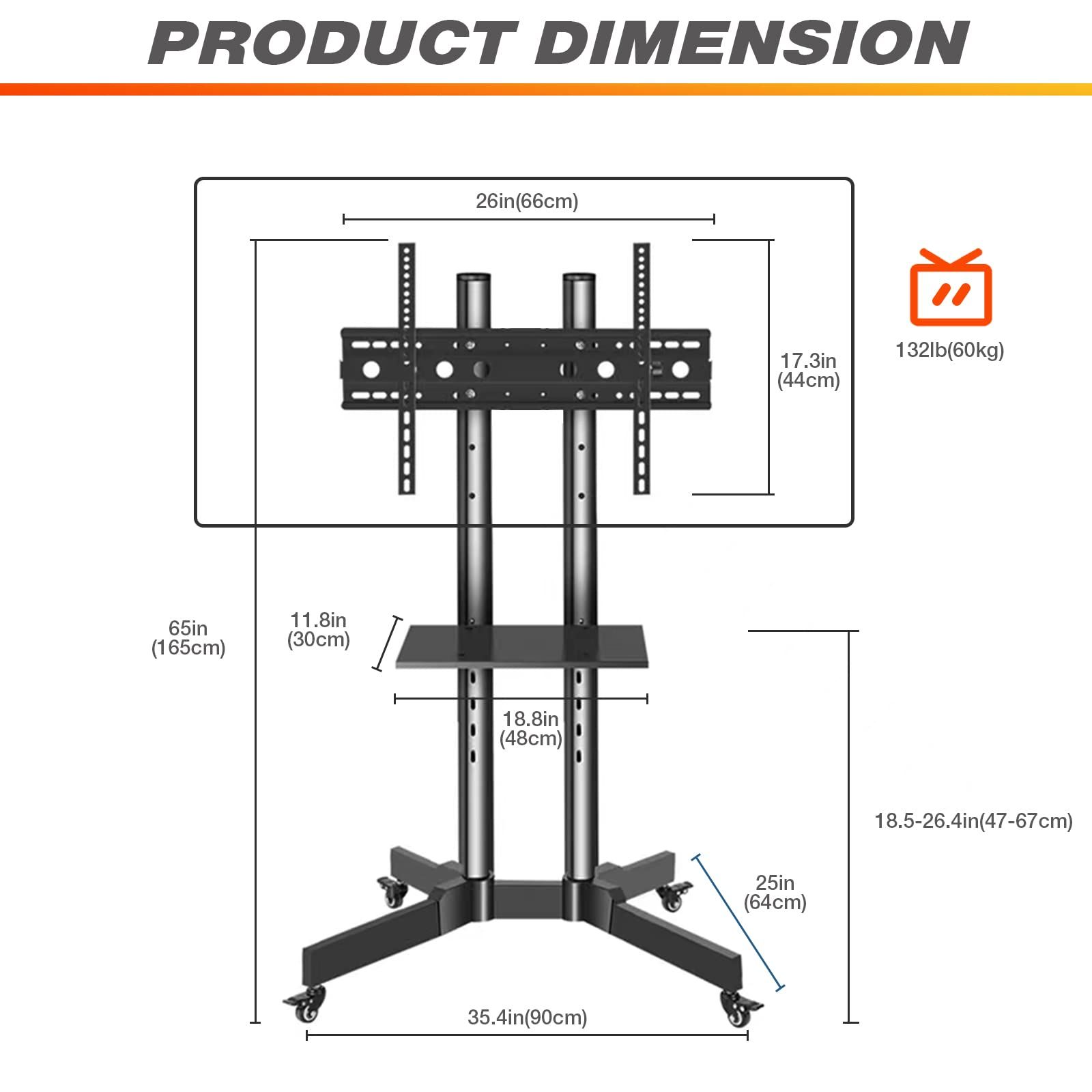 Mobile TV Stand on Wheels for 32-65 Inch LCD LED Flat Panel Curved Screen TV up to 132lbs, TV Cart with Height Adjustable Laptop Shelf Movable Portable Rolling Floor TV Stand Max VESA 600*400mm - Image 2