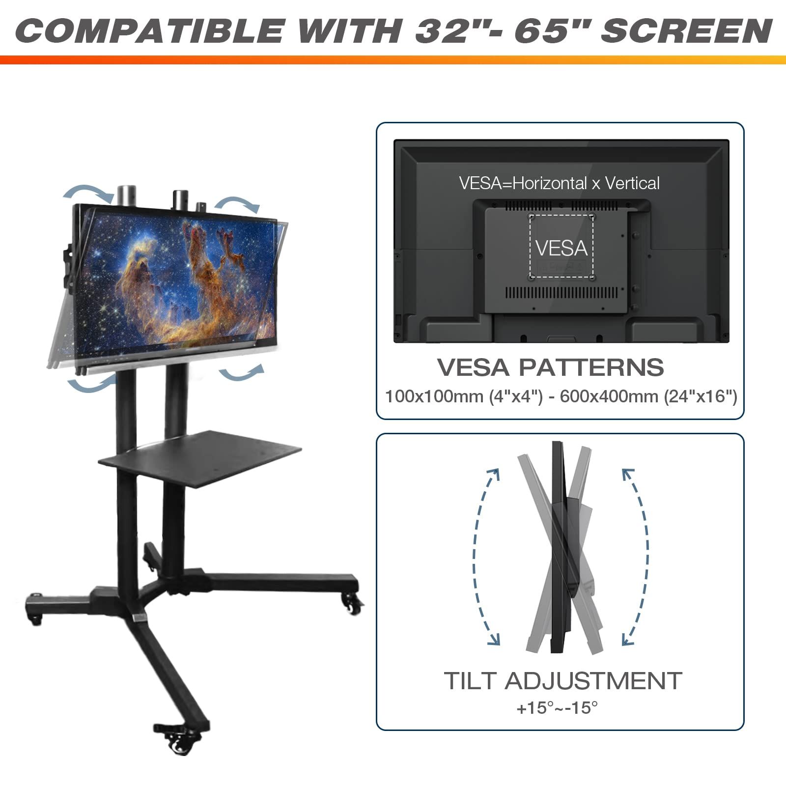 Mobile TV Stand on Wheels for 32-65 Inch LCD LED Flat Panel Curved Screen TV up to 132lbs, TV Cart with Height Adjustable Laptop Shelf Movable Portable Rolling Floor TV Stand Max VESA 600*400mm - Image 5