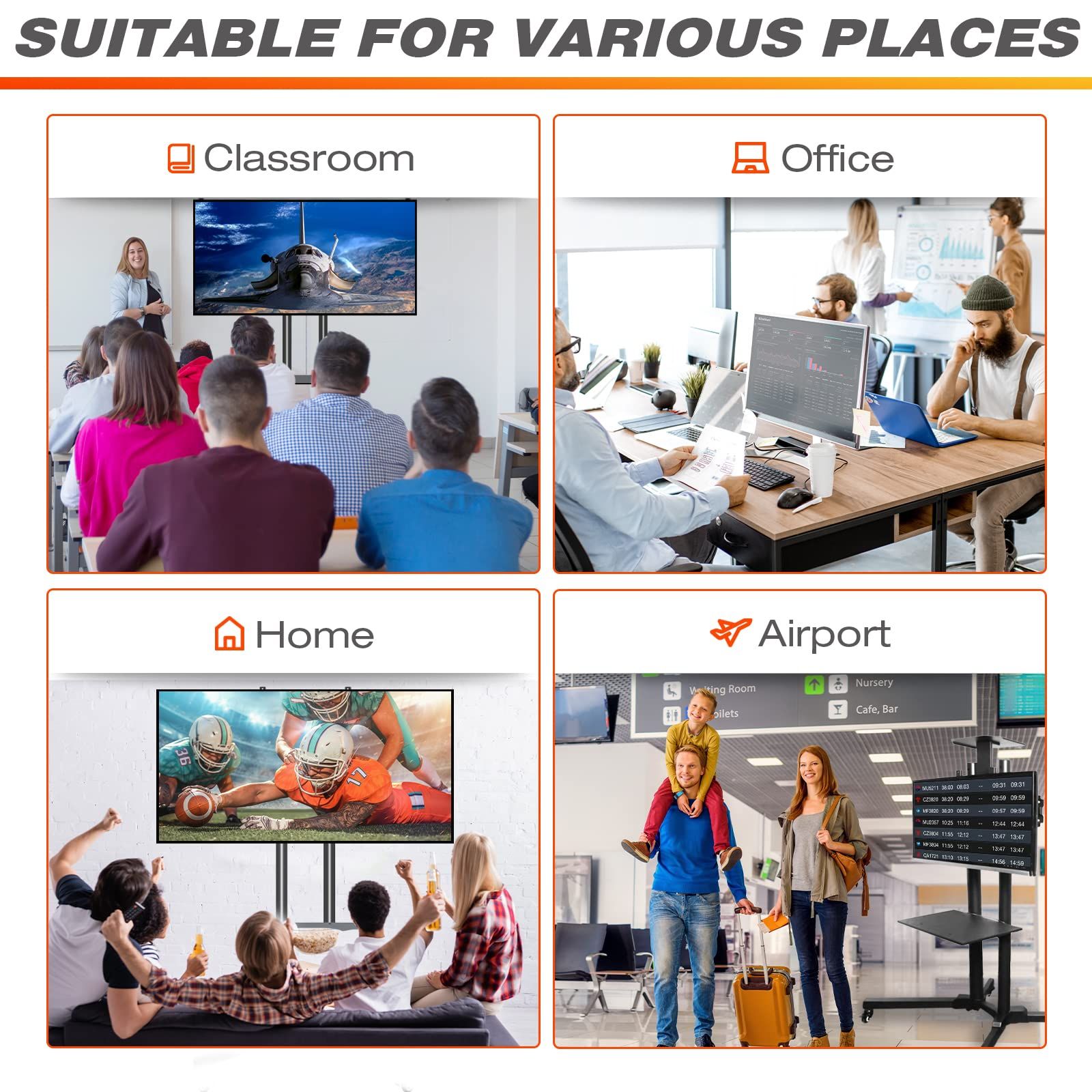 Mobile TV Stand on Wheels for 32-65 Inch LCD LED Flat Panel Curved Screen TV up to 132lbs, TV Cart with Height Adjustable Laptop Shelf Movable Portable Rolling Floor TV Stand Max VESA 600*400mm - Image 7