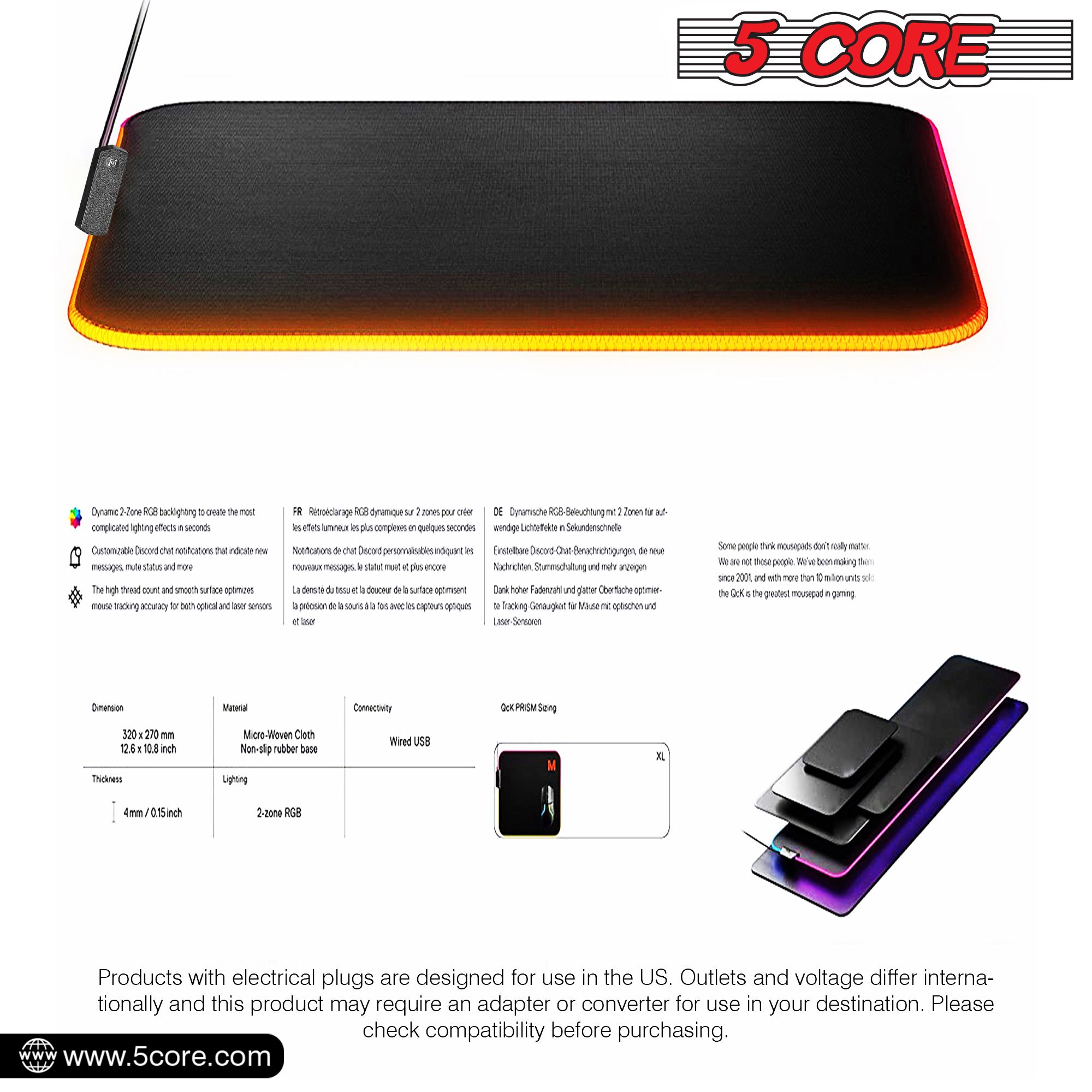 5Core Gaming Mouse Pad RGB 12 Light Modes 2 Zone Desk Mouse Mat w Rubber Base - Image 5