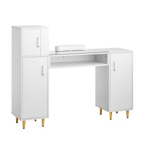 VEVOR Manicure Table, Glass Top Nail Desk, Makeup Dressing Nail Station with Storage Cabinets, Acetone-Resistant Nail Tech Table for Beauty Salon Spa Workstation with 8 Metal Legs, Wrist Rest, White