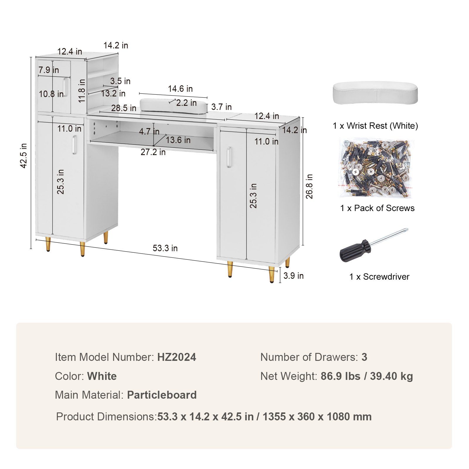 VEVOR Manicure Table, Glass Top Nail Desk, Makeup Dressing Nail Station with Storage Cabinets, Acetone-Resistant Nail Tech Table for Beauty Salon Spa Workstation with 8 Metal Legs, Wrist Rest, White - Image 7
