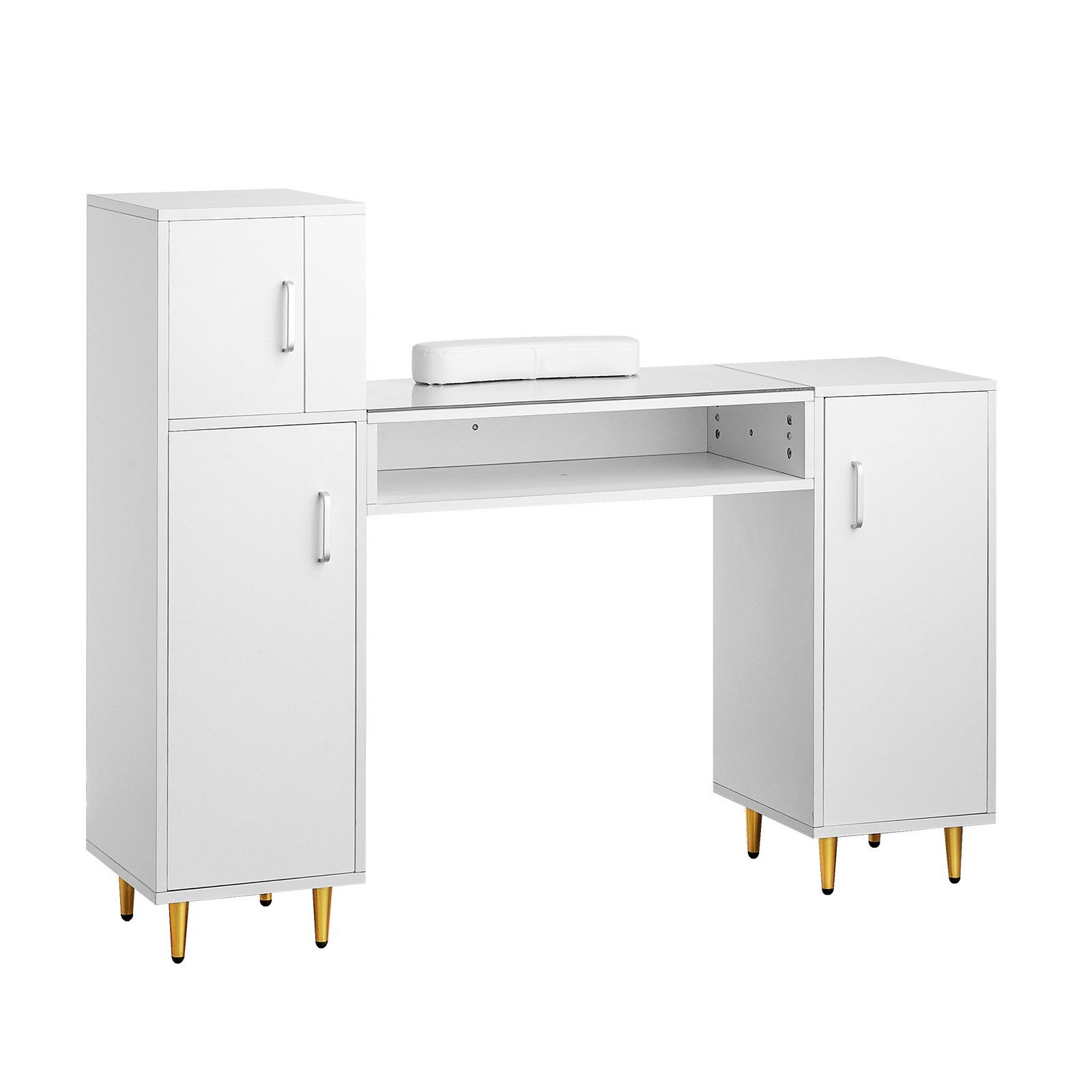 VEVOR Manicure Table, Glass Top Nail Desk, Makeup Dressing Nail Station with Storage Cabinets, Acetone-Resistant Nail Tech Table for Beauty Salon Spa Workstation with 8 Metal Legs, Wrist Rest, White