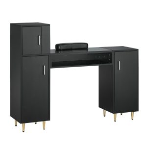 VEVOR Manicure Table, Glass Top Nail Desk, Makeup Dressing Nail Station with Storage Cabinets, Acetone-Resistant Nail Tech Table for Spa Beauty Salon Workstation with Wrist Rest, 8 Metal Legs, Black