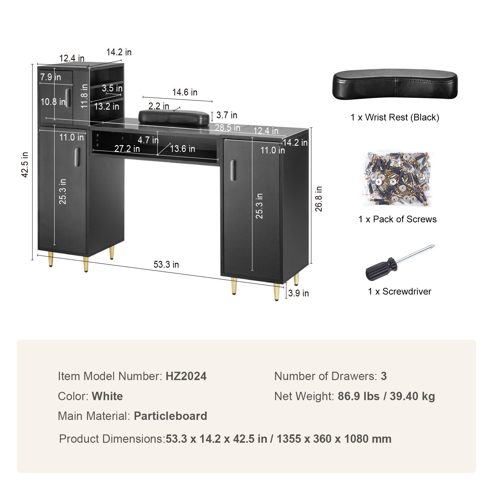 VEVOR Manicure Table, Glass Top Nail Desk, Makeup Dressing Nail Station with Storage Cabinets, Acetone-Resistant Nail Tech Table for Spa Beauty Salon Workstation with Wrist Rest, 8 Metal Legs, Black - Image 7