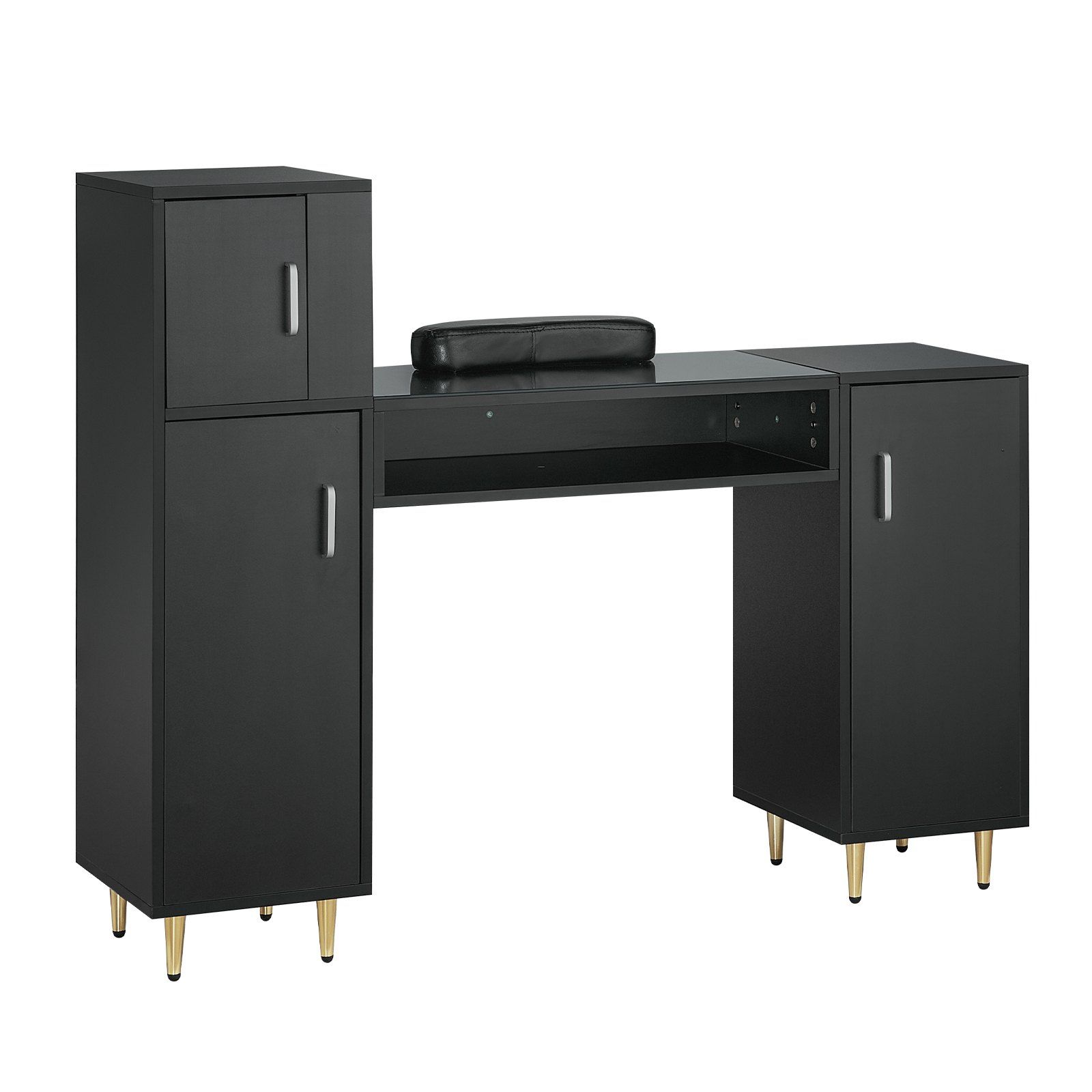 VEVOR Manicure Table, Glass Top Nail Desk, Makeup Dressing Nail Station with Storage Cabinets, Acetone-Resistant Nail Tech Table for Spa Beauty Salon Workstation with Wrist Rest, 8 Metal Legs, Black