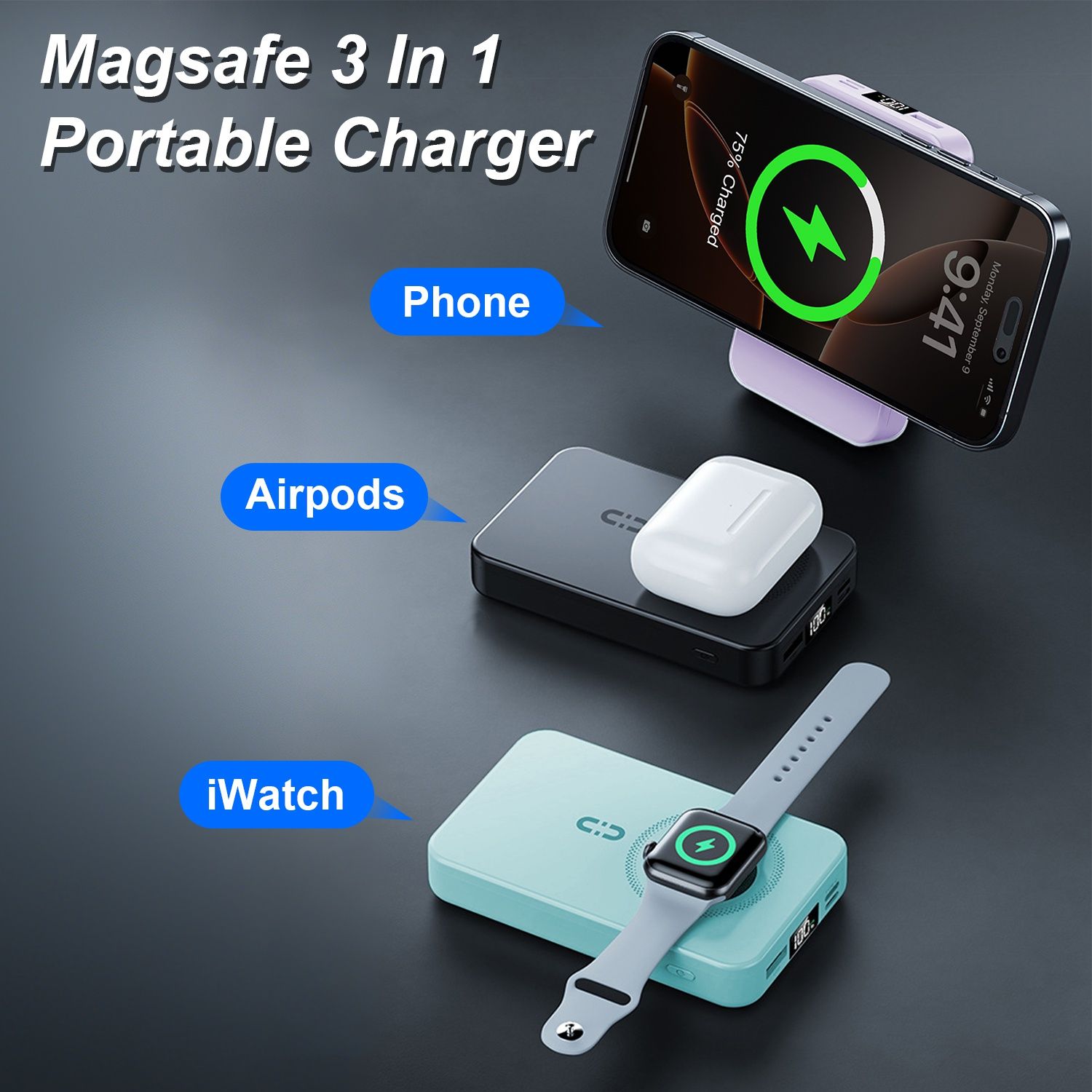 3 In 1 10000mAh MagSafe Fast Charging Power Bank PD20W Portable Charger with 2 Built In Cables Stand Fit for IOS Phone 16 15 13 Series And More - Image 4