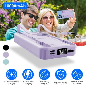 3 In 1 10000mAh MagSafe Fast Charging Power Bank PD20W Portable Charger with 2 Built In Cables Stand Fit for IOS Phone 16 15 13 Series And More