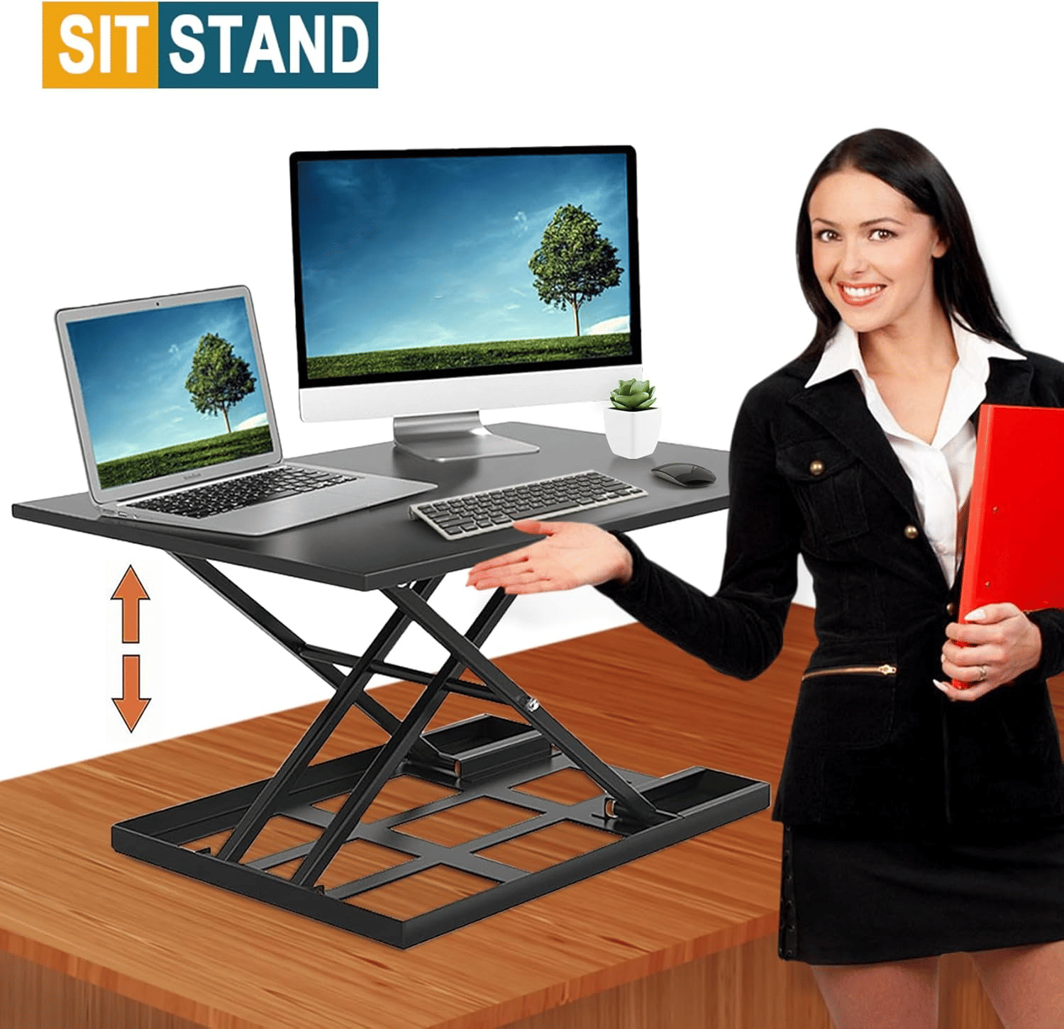 Adjustable Height Standing Desk, Ergonomic Rising Computer Table, Foldable Desk, Portable and Easy to Move, Large Wide Rising Tabletop Computer Table Laptop Home Office Black - Image 5